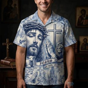 Jesus Christ Toile de Jouy Christian Hawaiian Shirt with Lion and Lamb