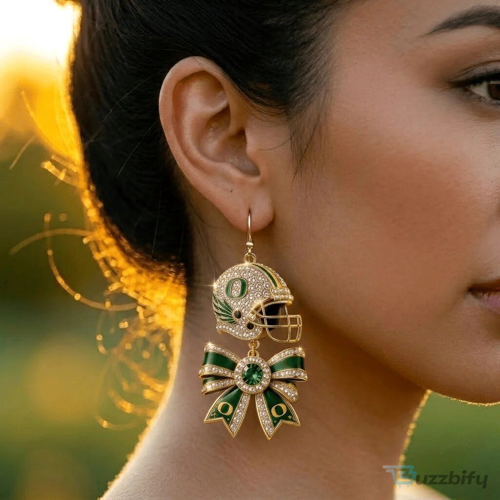 Oregon Ducks Football Helmet Dangle Earrings with Green Bows