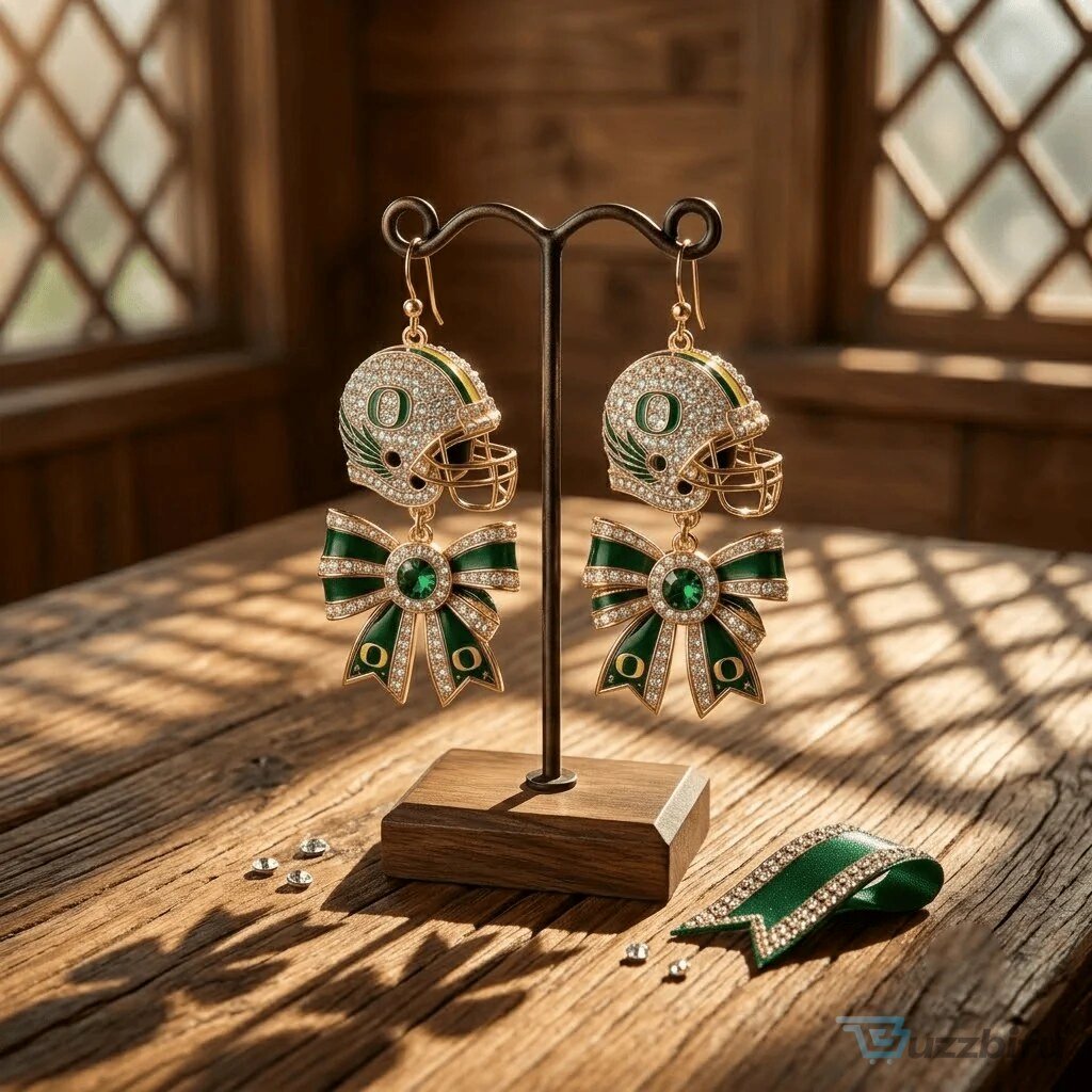 Oregon Ducks Football Helmet Dangle Earrings with Green Bows