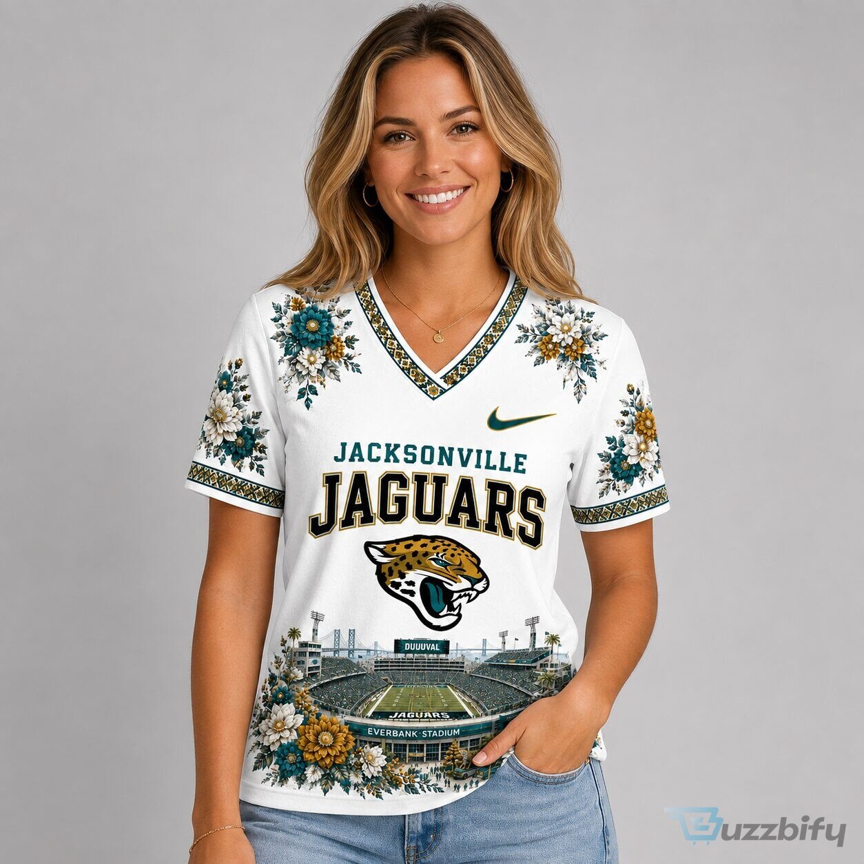 Jacksonville Jaguars Football Team Stadium Floral Design V-Neck T-Shirt