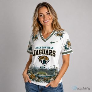 Jacksonville Jaguars Football Team Stadium Floral Design V-Neck T-Shirt
