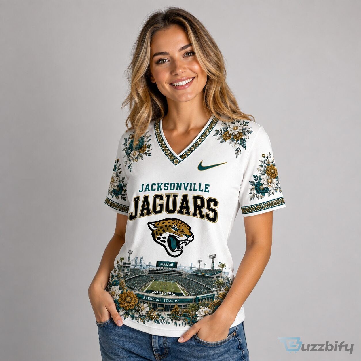 Jacksonville Jaguars Football Team Stadium Floral Design V-Neck T-Shirt