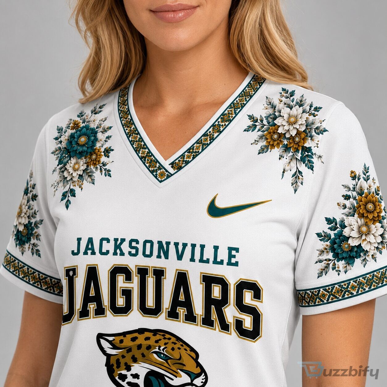 Jacksonville Jaguars Football Team Stadium Floral Design V-Neck T-Shirt