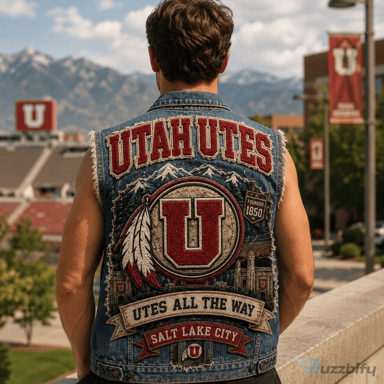 Utah Utes Football Fan Denim Vest with Wasatch Mountains and Salt Lake City Design