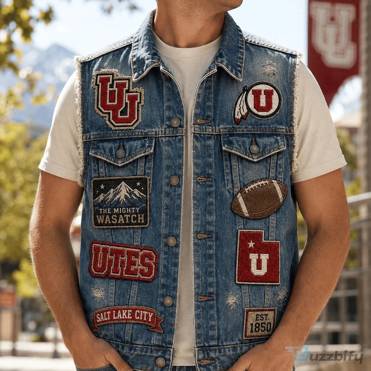 Utah Utes Football Fan Denim Vest with Wasatch Mountains and Salt Lake City Design