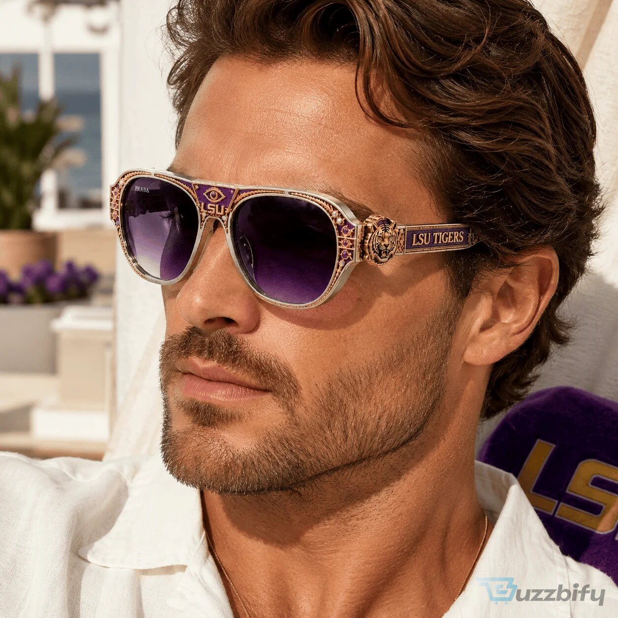 LSU Tigers Purple and Gold Fashion Sunglasses with Tiger Head Design