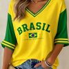 Brazil National Flag V-Neck Half Sleeve T-Shirt for Women