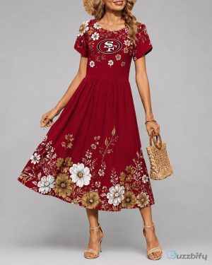San Francisco 49ers Floral Pattern Short Sleeve A-Line Midi Dress