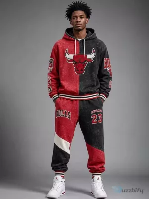 Chicago Bulls Red Black Split Vintage Washed Hoodie