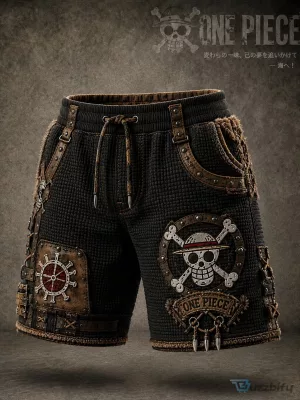 One Piece Anime Skull Pirate Logo Waffle Knit Drawstring Shorts
