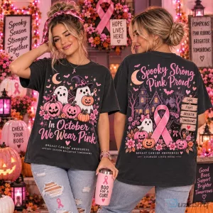 Breast Cancer Awareness Spooky Strong Pink Proud Halloween T-Shirt