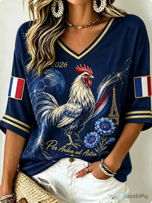 France Soccer Women's Eiffel Tower Rooster V-Neck T-Shirt