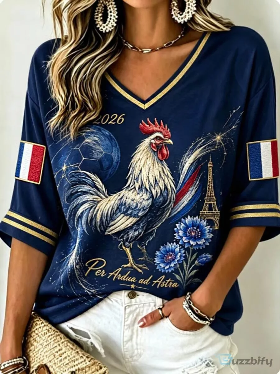 France Soccer Women's Eiffel Tower Rooster V-Neck T-Shirt
