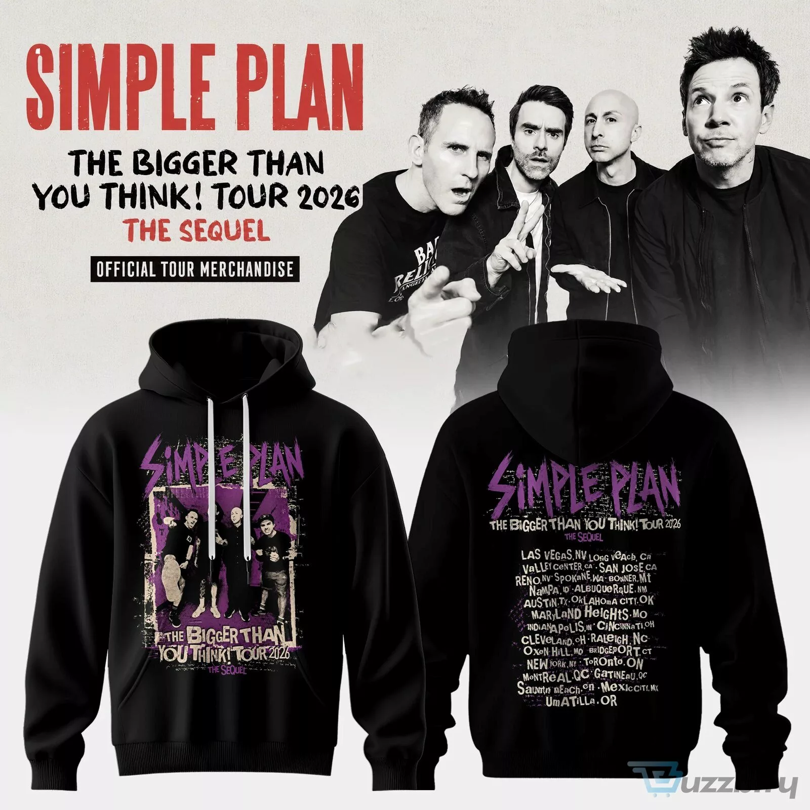 Official Merchandise Hoodie for Simple Plan's 2026 The Bigger Than You Think Tour Sequel