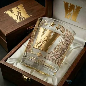 Calgary Wranglers Est 1977 Gold Logo Whiskey Glass with Wooden Box
