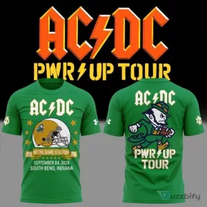 2026 Concert T-Shirt Featuring Notre Dame Football and AC/DC Power Up Tour Design