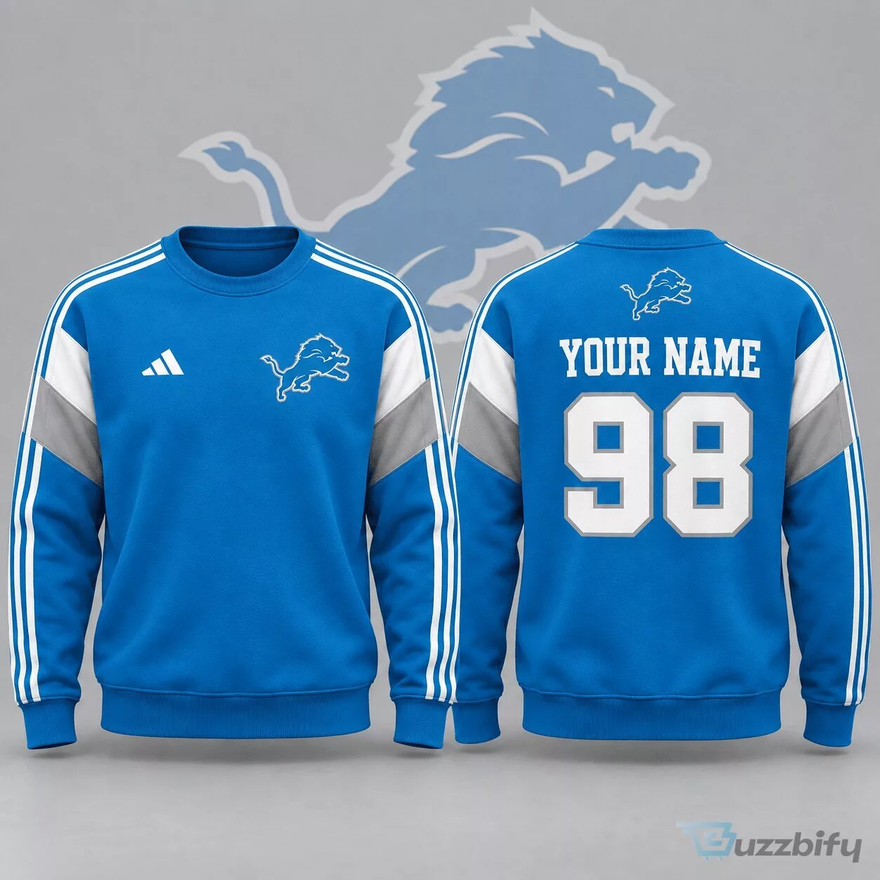 Detroit Lions Football Team Crest Personalized Name Number Blue Sweatshirt