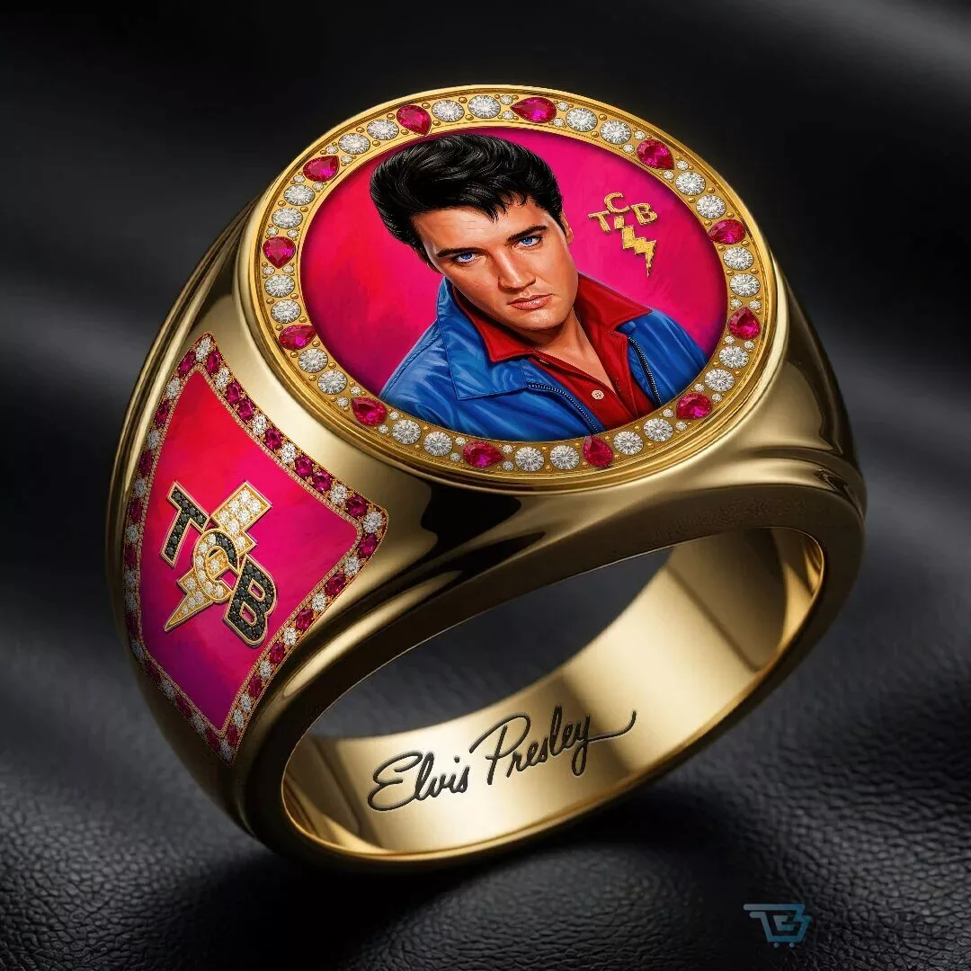 Elvis Presley Taking Care of Business Gold Ring with Diamonds and Rubies