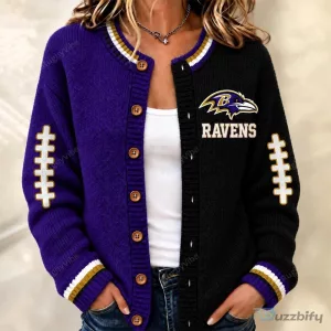 Baltimore Ravens Football Team Logo Split Color Button Up Cardigan Sweater