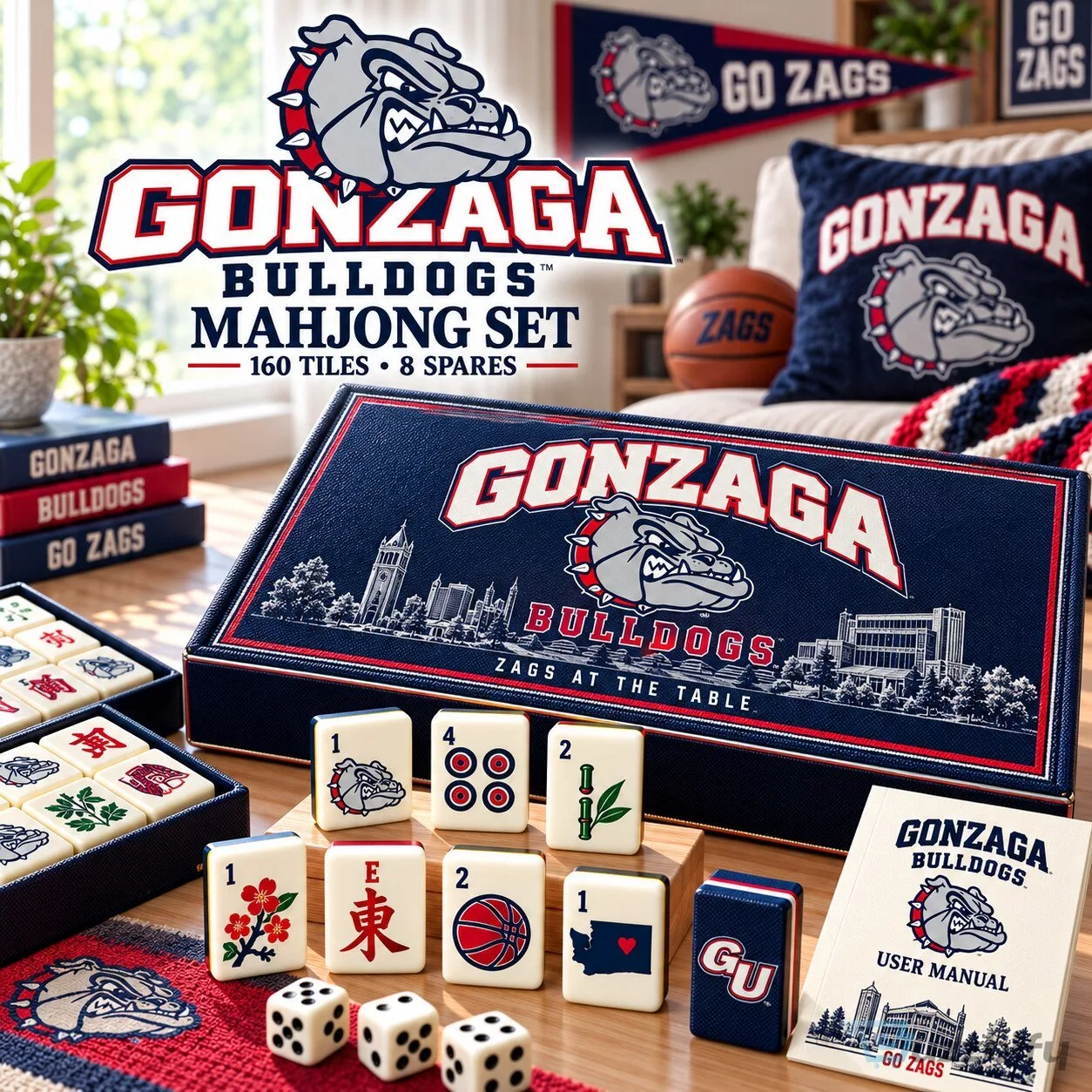 Gonzaga Bulldogs NCAA College Mahjong Set with 160 Tiles and 8 Spares