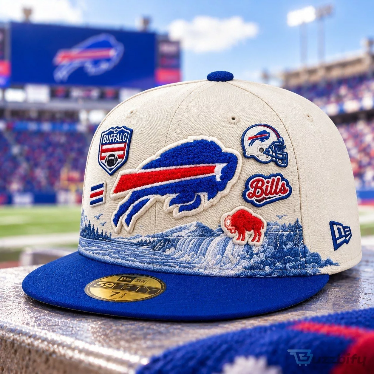 Buffalo Bills NFL Football Team Embroidered Cream and Blue Fitted Cap Hat