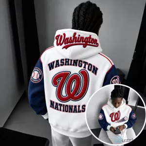 Pullover Hoodie in White and Red Featuring the Washington Nationals Baseball Team Logo