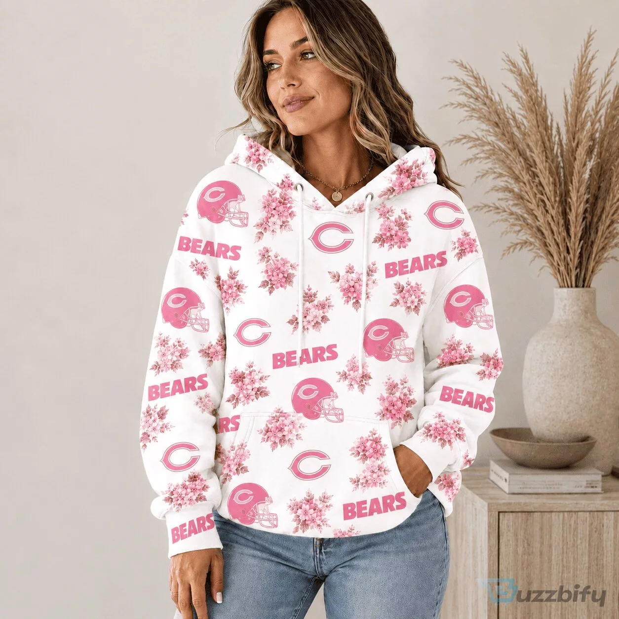 Chicago Bears Pink Floral Football Helmet Patterned Women's Hoodie