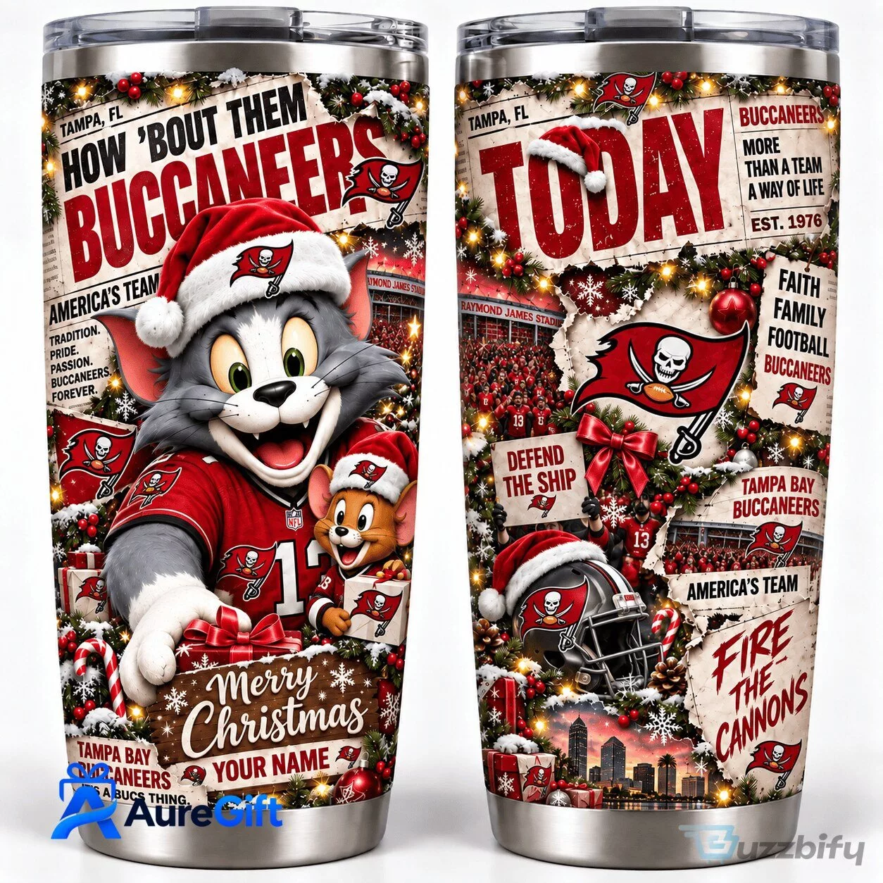 Tampa Bay Buccaneers Tom and Jerry Christmas Personalized Stainless Steel Tumbler