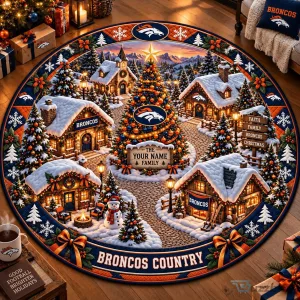 Denver Broncos Christmas Village Round Quilted Rug
