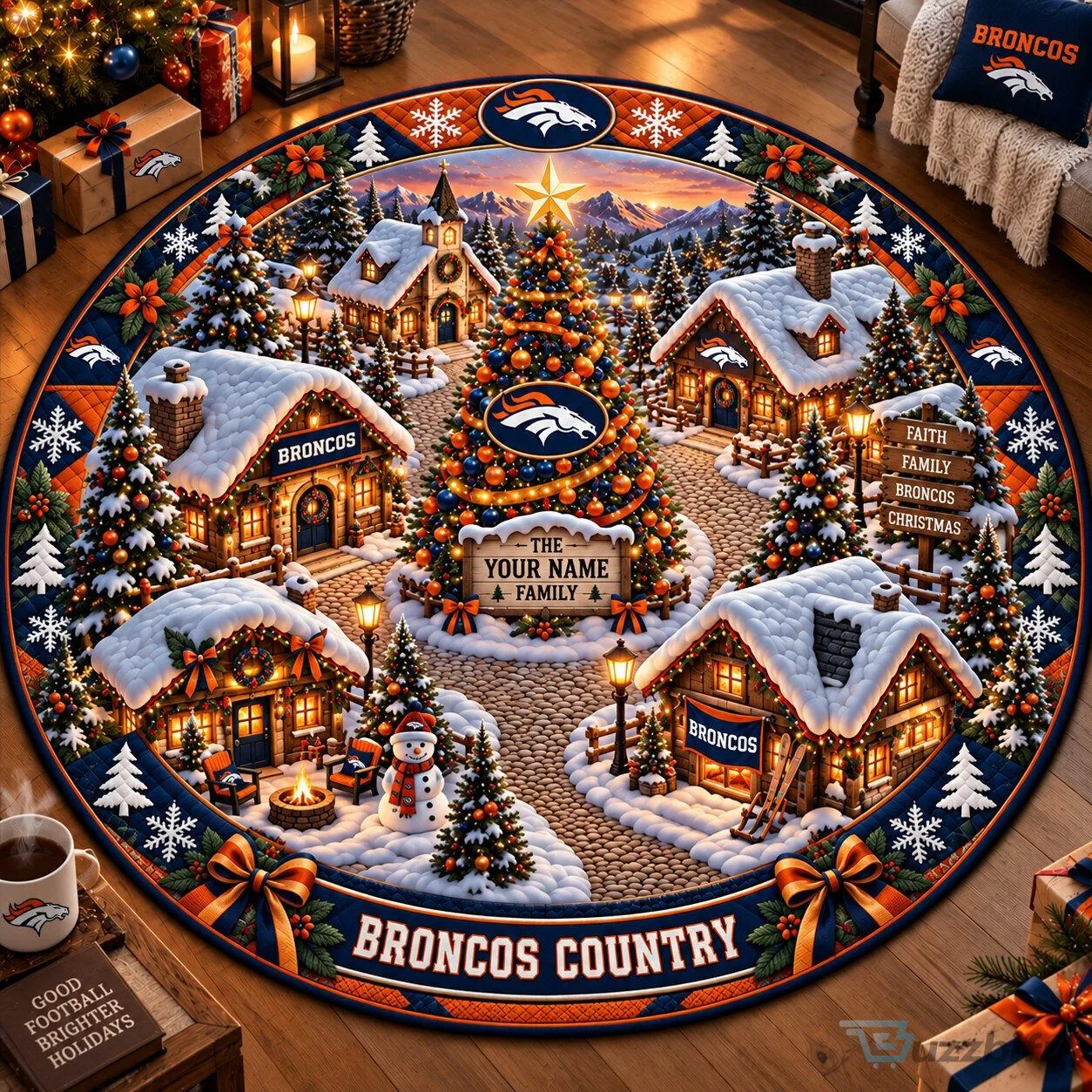 Denver Broncos Christmas Village Round Quilted Rug