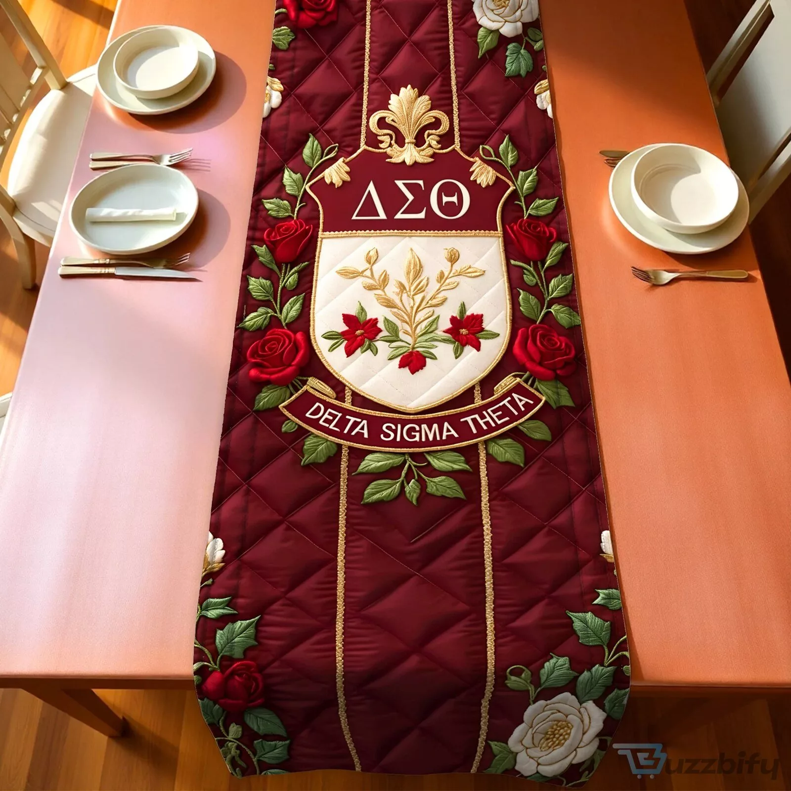 Delta Sigma Theta Sorority Quilted Table Runner with Red Roses and Gold Trim