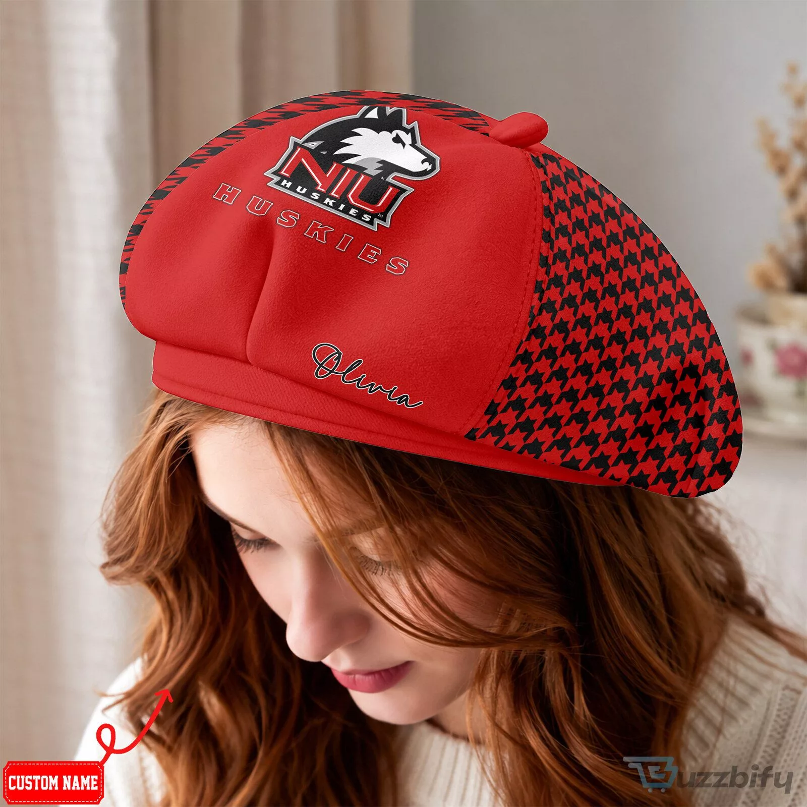 Northern Illinois Huskies Custom Name Red Houndstooth Beret Hat