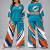 Miami Dolphins Football Team Spirit V-Neck Shirt and Wide Leg Pants Set