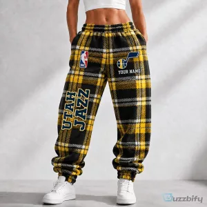 Utah Jazz NBA Plaid Custom Name Fleece Jogger Pants