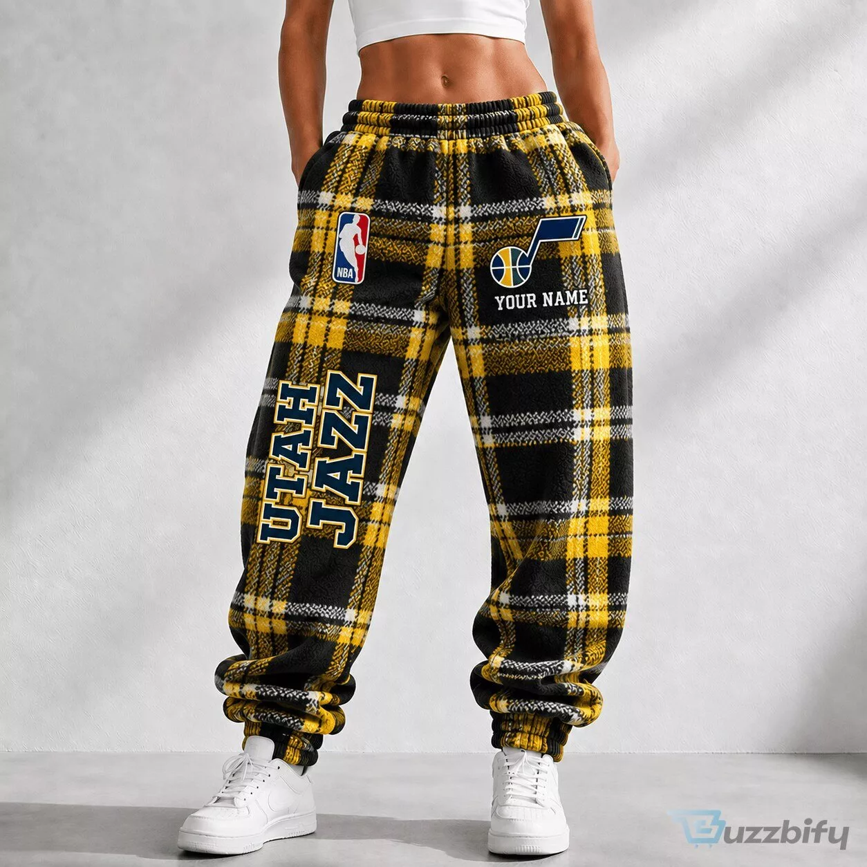 Utah Jazz NBA Plaid Custom Name Fleece Jogger Pants