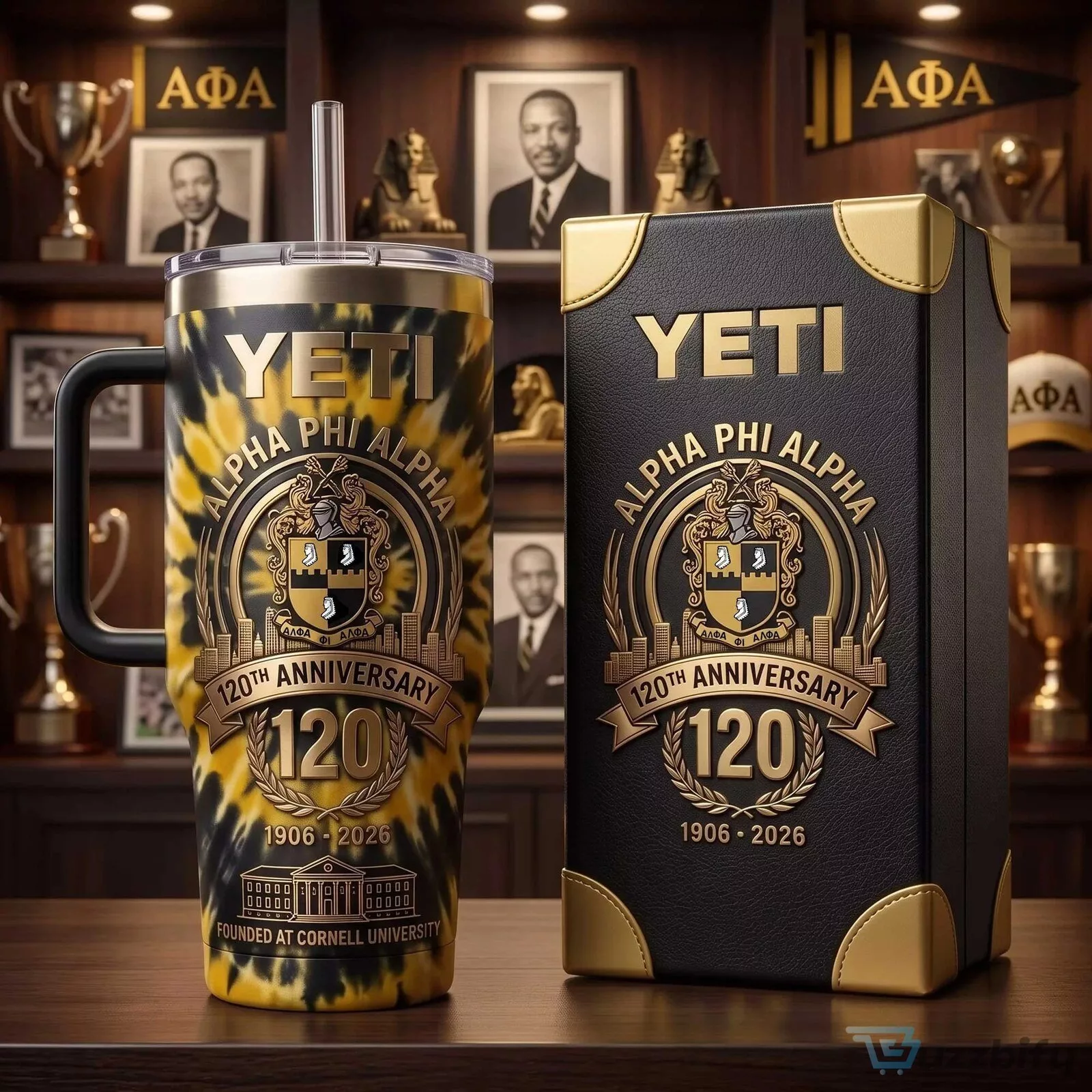 Alpha Phi Alpha 120th Anniversary Black and Gold Tie Dye Yeti Tumbler