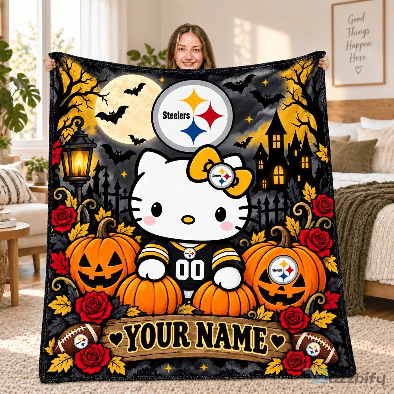 Hello Kitty Pittsburgh Steelers Halloween Moon Fleece Blanket