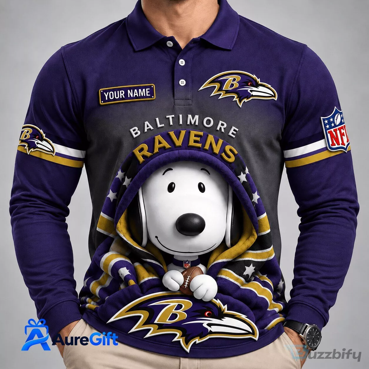 Baltimore Ravens Snoopy Christmas Kick Off Personalized Long Sleeve Polo Shirt