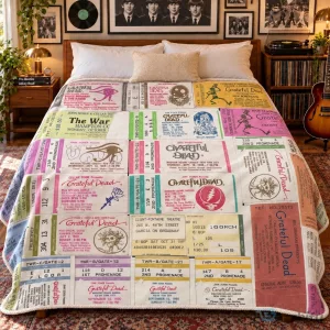 Grateful Dead Vintage Concert Ticket Stub Sherpa Blanket, Music Memorabilia Throw