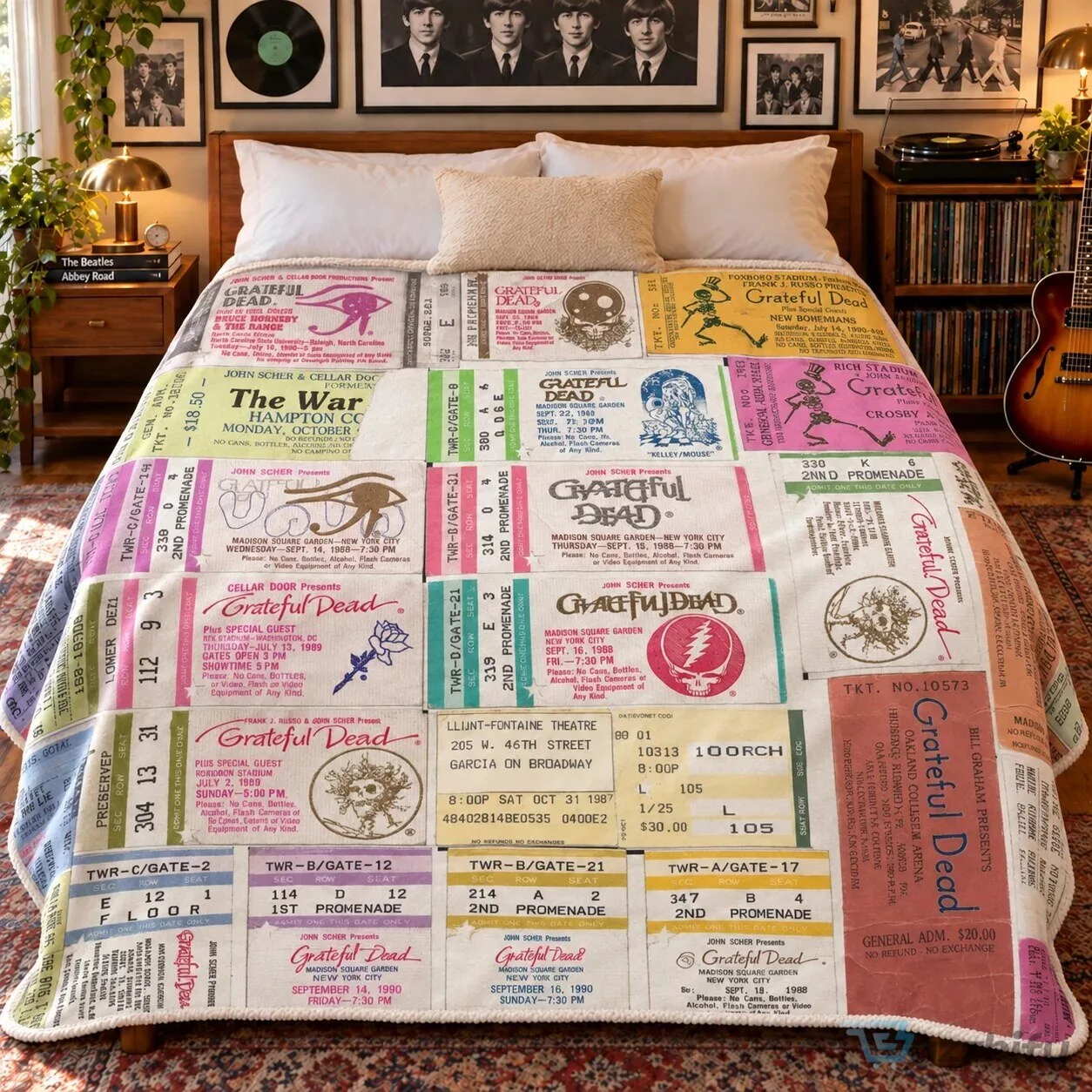 Grateful Dead Vintage Concert Ticket Stub Sherpa Blanket, Music Memorabilia Throw