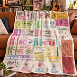 Grateful Dead Vintage Concert Ticket Stub Sherpa Blanket, Music Memorabilia Throw