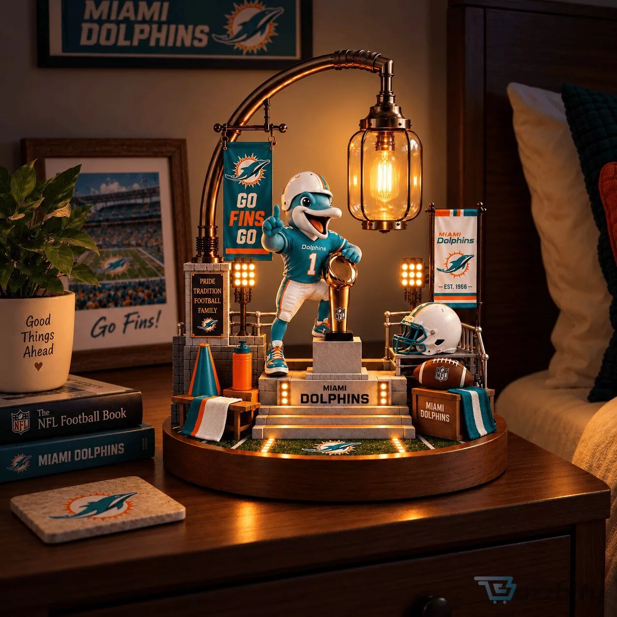 Miami Dolphins Mascot Football Team Bedside Lamp with Trophy and Helmet