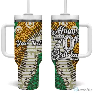 Personalized African 70th Birthday Tumbler with Handle Tribal Animal Print Heritage Pattern