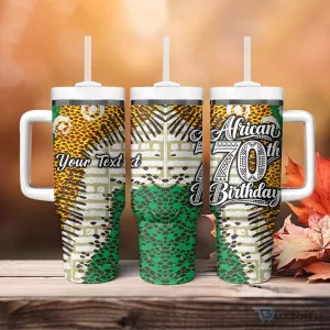 Personalized African 70th Birthday Tumbler with Handle Tribal Animal Print Heritage Pattern