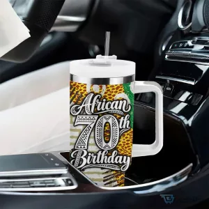 Personalized African 70th Birthday Tumbler with Handle Tribal Animal Print Heritage Pattern