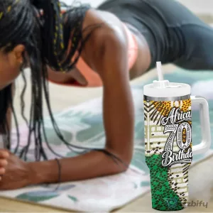 Personalized African 70th Birthday Tumbler with Handle Tribal Animal Print Heritage Pattern
