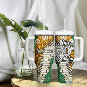 Personalized African 70th Birthday Tumbler with Handle Tribal Animal Print Heritage Pattern