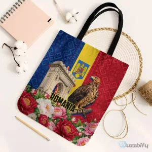 Romania Eagle And Arcul De Triumf Tote Bag Traditional Folk Pattern With Floral Peony Motifs TS04