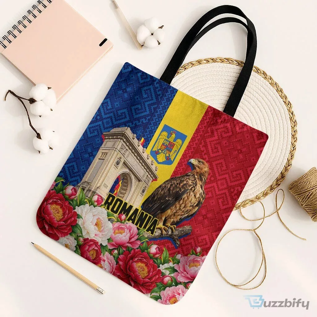 Romania Eagle And Arcul De Triumf Tote Bag Traditional Folk Pattern With Floral Peony Motifs TS04