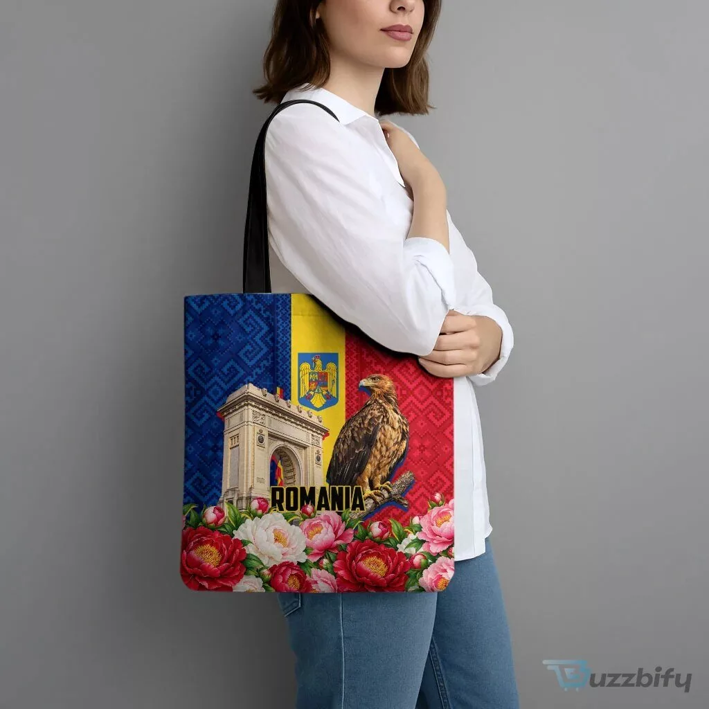 Romania Eagle And Arcul De Triumf Tote Bag Traditional Folk Pattern With Floral Peony Motifs TS04
